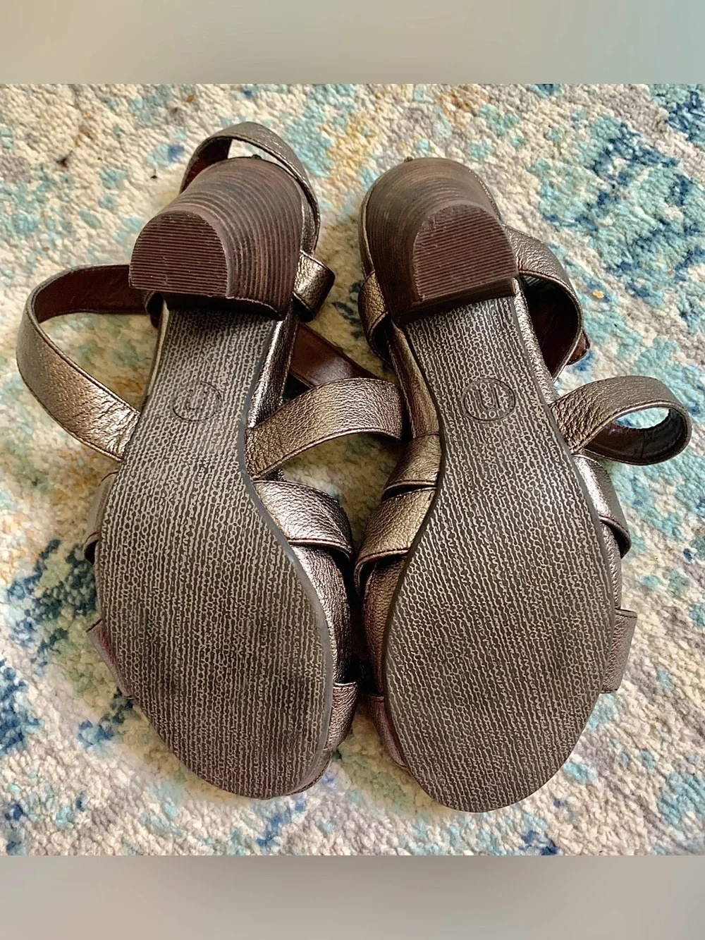 Nicole Metallic Bronze Pewter Strappy Platform Chunky Heels Sandals